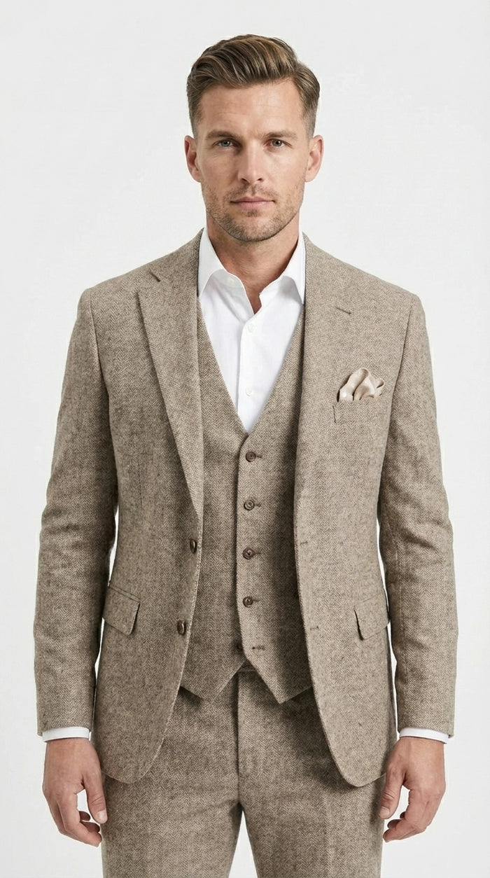 Men’s Light Beige Herringbone Tweed Suit with Vest – Classic Three Piece Formal Suit, Vintage Business Wedding Outfit, Elegant Smart Casual Wear