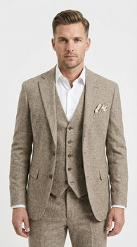 Men’s Light Beige Herringbone Tweed Suit with Vest – Classic Three Piece Formal Suit, Vintage Business Wedding Outfit, Elegant Smart Casual Wear