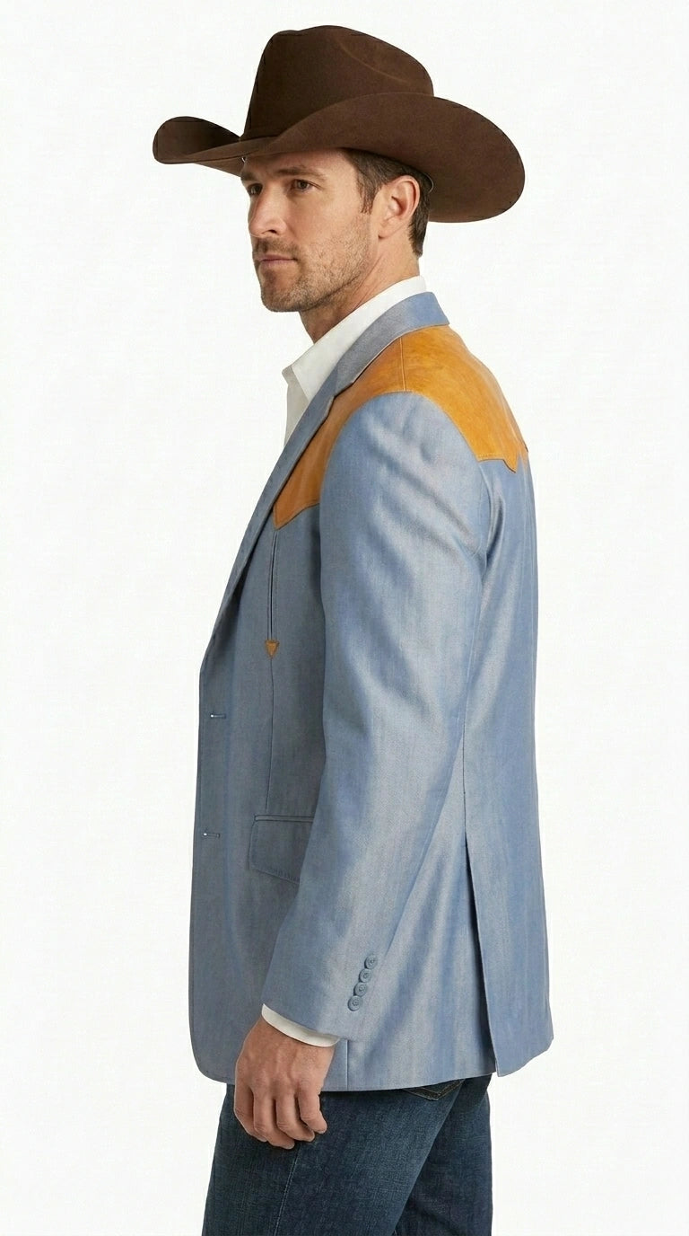 Men’s Sky Blue and Gold Western Cowboy Blazer – Classic Country Style Jacket, Retro in Steel Blue Color