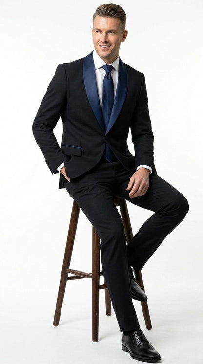 Men’s Black Suit with Navy Blue Lapel – Elegant Formal Tuxedo Style Suit for Wedding, Prom, Party and Evening Wear