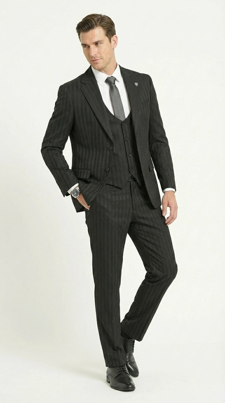 Men’s Black Pinstripe 3 Piece Suit – Vested Formal Business Suit for Wedding, Office, Prom and Party Wear Modern Fit