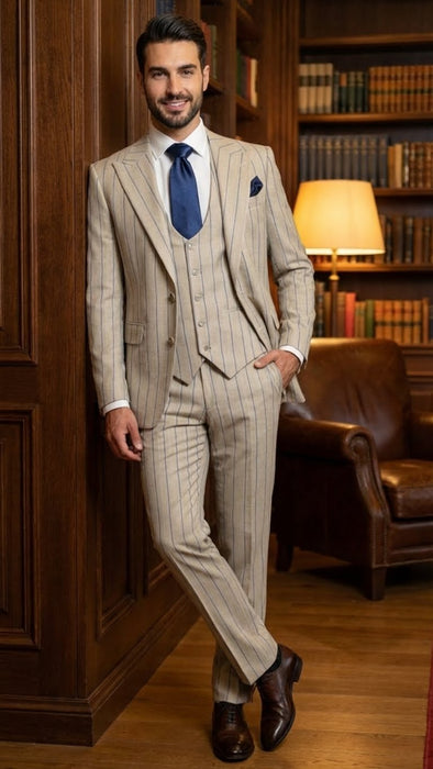 Men's Beige with blue Pinstripe Three-Piece Suit with Vest by Rossiman Vested Peak Lapel in Tan Stripe 1920s style
