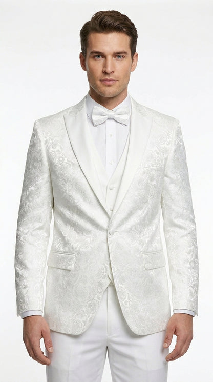 Men’s White Paisley Wedding Tuxedo with Groom Suit Jacket, Vest and Pants, Formal Dress Suit