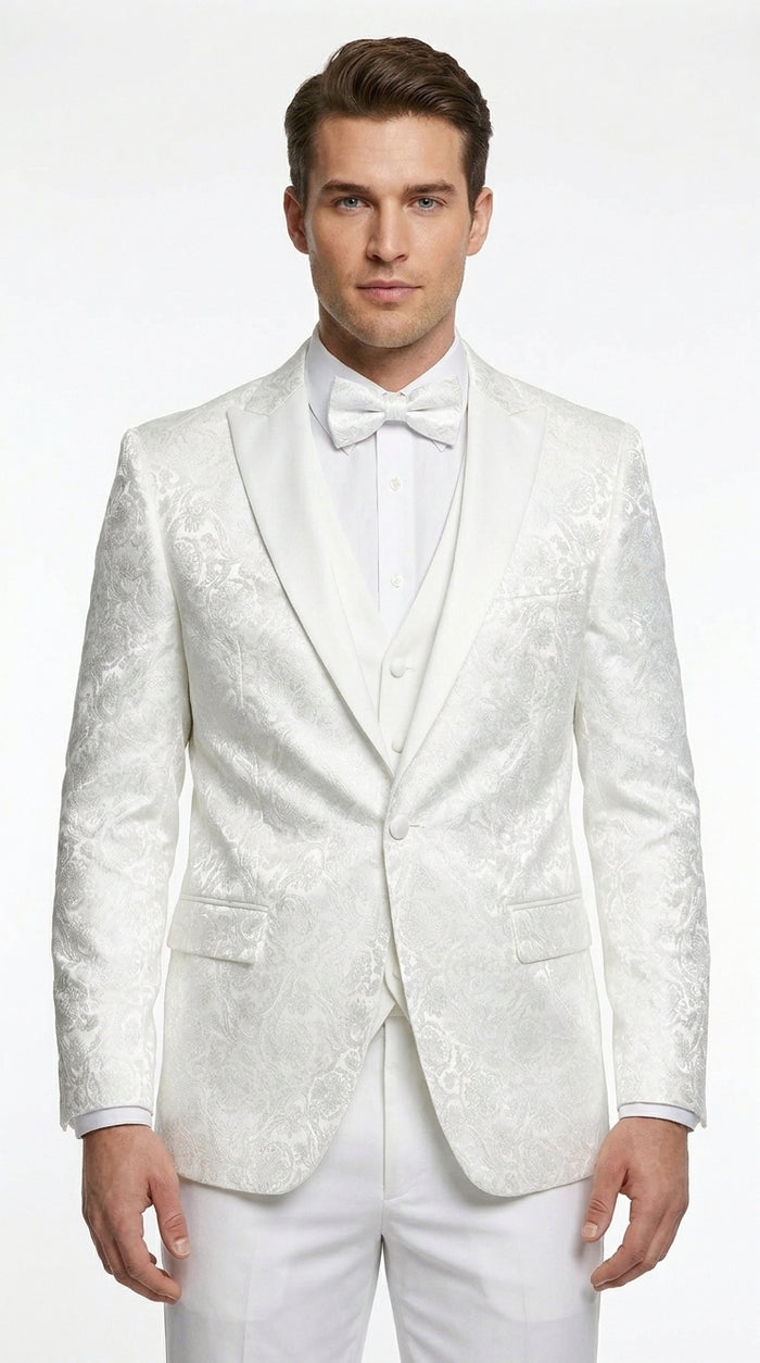 Men’s White Paisley Wedding Tuxedo with Groom Suit Jacket, Vest and Pants, Formal Dress Suit