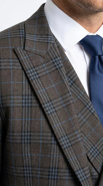 Vitali Men’s Brown Grey with blue Check 3 Piece Suit – Classic Plaid Formal Suit Set with Blazer, Vest & Trousers, Business Wedding Party Wear for Men Modern Fit