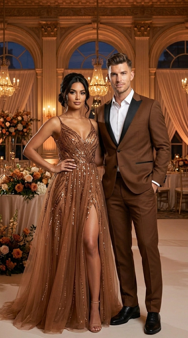 Men’s Light Brown Vested Piece Suit – Elegant Formal Suit with Contrast Lapel for Wedding, Party Modern Fit