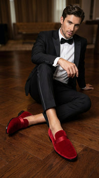 Mens Red Velvet Loafers – Luxury Formal Slip On Dress Shoes Wedding Party Prom Evening Shoes