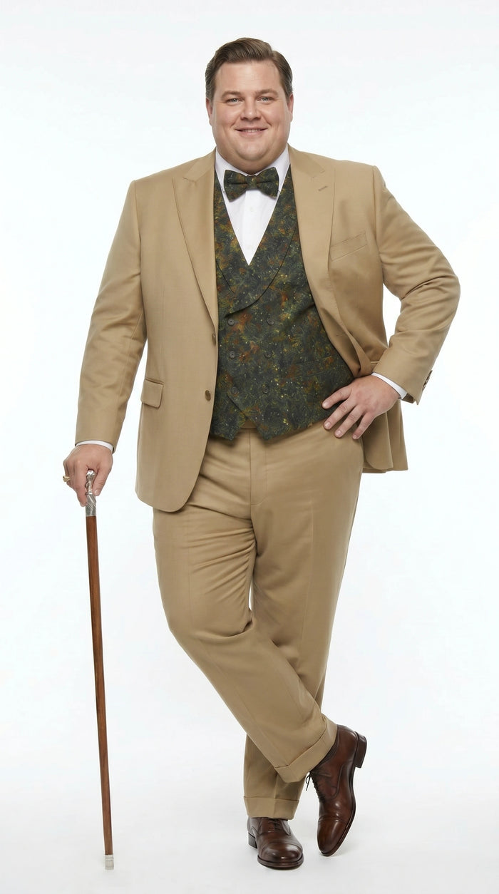 Men’s Khaki 3 Piece Suit with Patterned Vest, Great Gatsby Inspired Formal Suit for Weddings, Mardi Gra in Tan Camel Color Modern Fit
