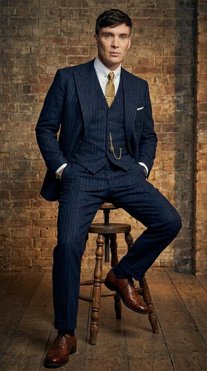 Men’s Navy Blue Pinstripe 3 Piece Suit, Thomas Shelby Inspired Vintage Formal Suit for Weddings, Parties, Prom, and Special Events Modern Fit
