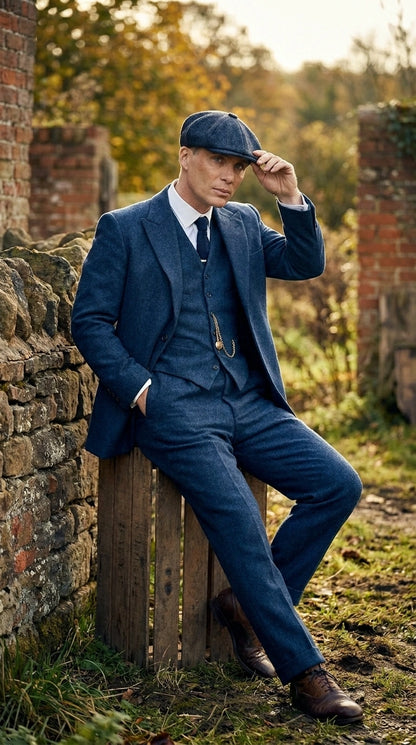 Men’s Blue 3 Piece Suit, Thomas Shelby Inspired Vintage Formal Suit Herringbone Tweed 1920s fabric Modern Fit