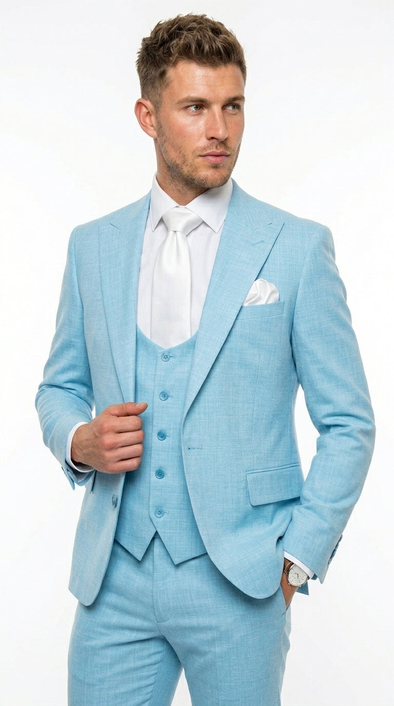Men’s Turquoise Light blue Suit, Vested Formal Dress Suit for Weddings, Prom, Summer Parties, and Special Occasions in Aqua Blue Color By Rossiman Modern Fit