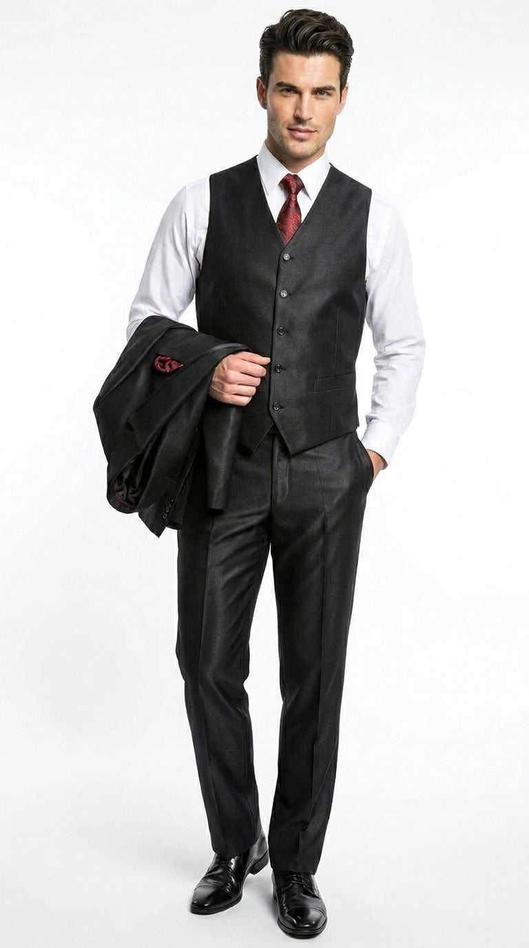 Men’s Black Shiny 3 Piece Tuxedo Groom Suit, Formal Vest Suit for Weddings, Prom, Black Tie Events, Black Lapel