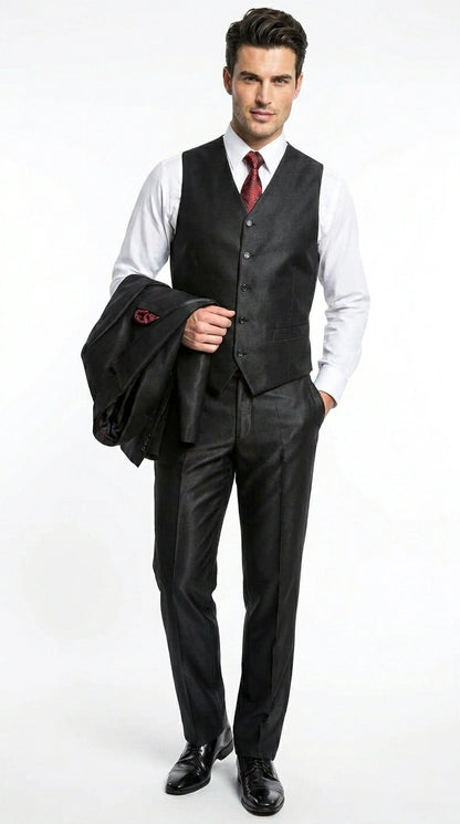 Men’s Black Shiny 3 Piece Tuxedo Groom Suit, Formal Vest Suit for Weddings, Prom, Black Tie Events, Black Lapel