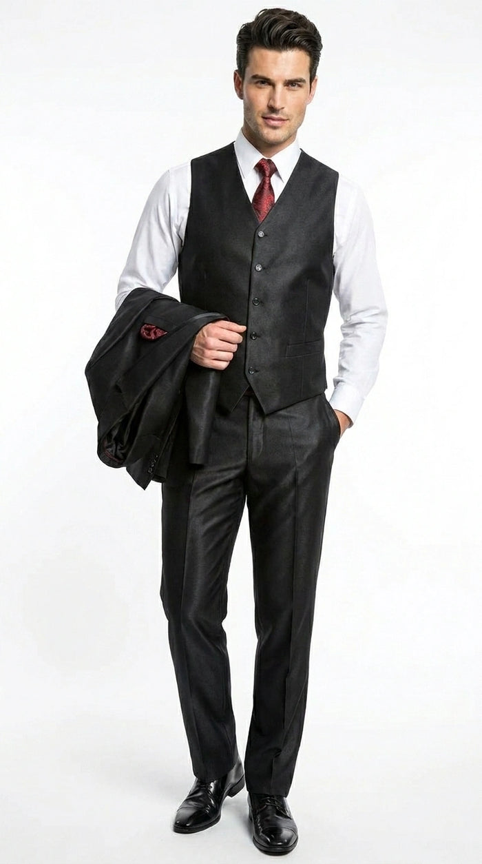 Men’s Black Shiny 3 Piece Tuxedo Groom Suit, Formal Vest Suit for Weddings, Prom, Black Tie Events, Black Lapel