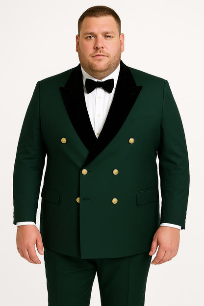 Men's Green Double-Breasted Wedding Tuxedo with Black Velvet Lapel and Gold Buttons - Image 5