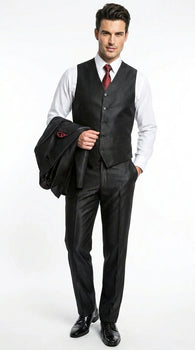 Men’s Black Shiny 3 Piece Tuxedo Groom Suit, Formal Vest Suit for Weddings, Prom, Black Tie Events, Black Lapel