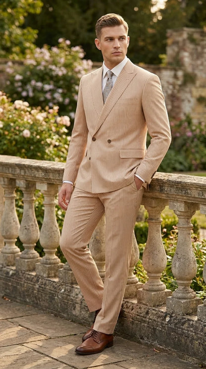 Vitali Men’s Tone on Tone Beige Pinstripe 2 Piece Suit, Double Breasted Summer Dress Suit for Weddings, Tan Beige Shadow Pinstripe Modern Fit
