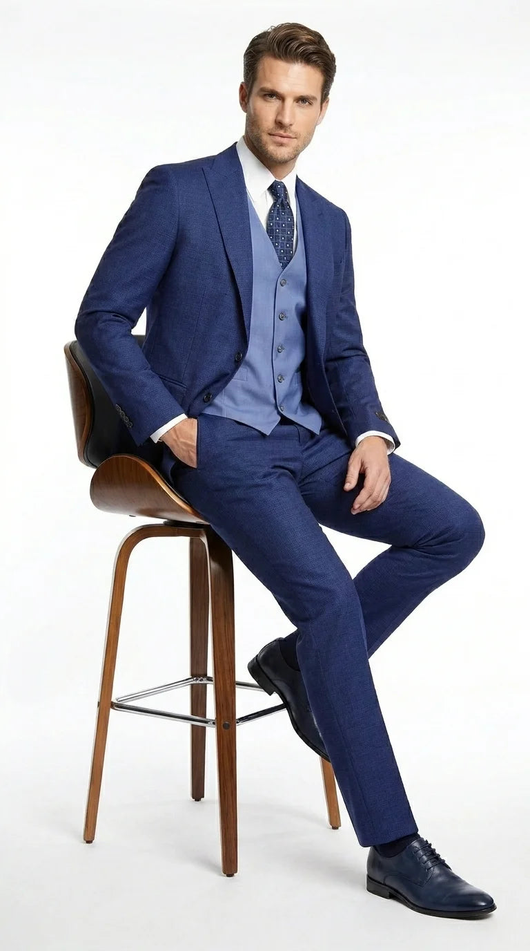 Vitali Men’s Navy Blue 3 Piece Suit with Light Blue Vest, Textured Formal Dress Suit for Weddings, Prom, Business Events, and Parties Modern Fit