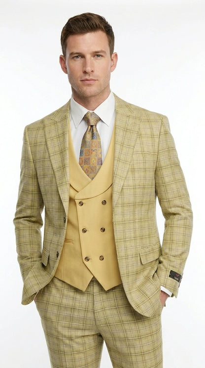 Vitali Men’s Sage Beige Tan Plaid 3 Piece Suit, Check Pattern Formal Dress Suit for Weddings, Prom, Business Events,Light Yellow Color Modern Fit