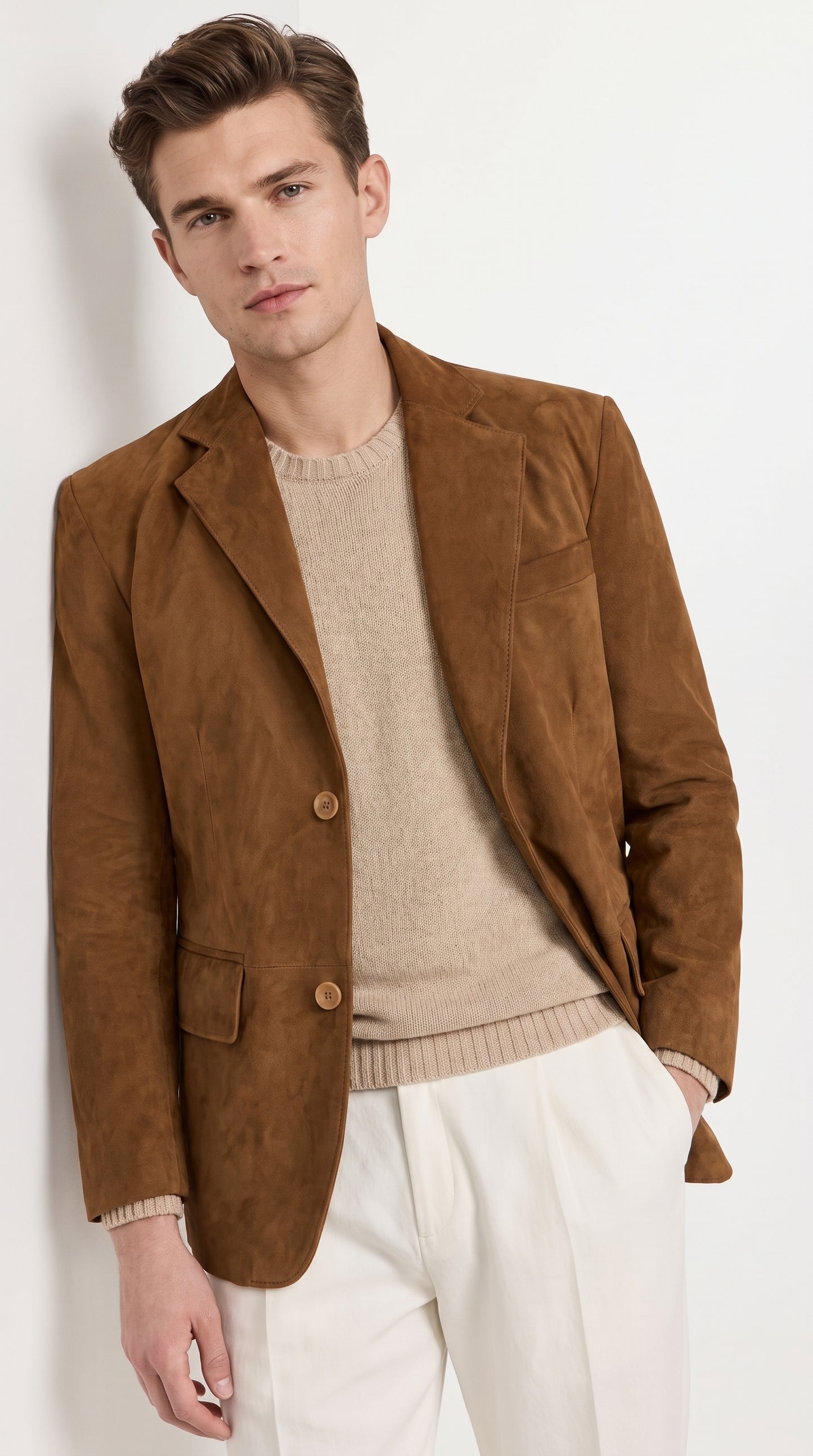 Men’s Camel Brown Suede Leather Blazer – Classic Two Button Suede Sport Coat