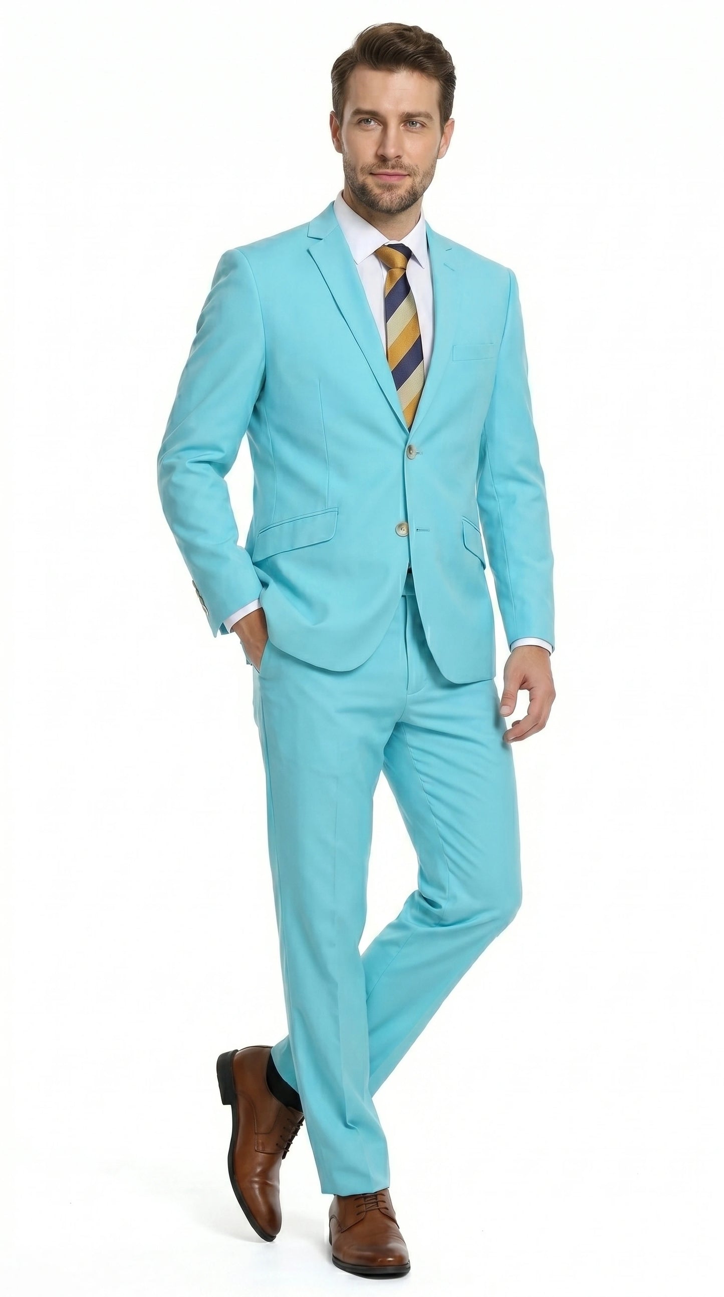 Men’s Aqua Blue 2 Piece 2 Button Suit, Formal Dress Suit for Weddings, Prom, Parties, Summer Events, Turquoise Light blue Modern Fit