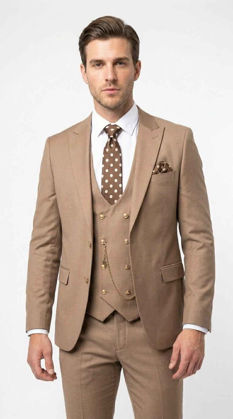 Men’s Rossiman Tan Suit with Gold Buttons, Peak Lapel Jacket and Double Breasted Vest Modern Fit