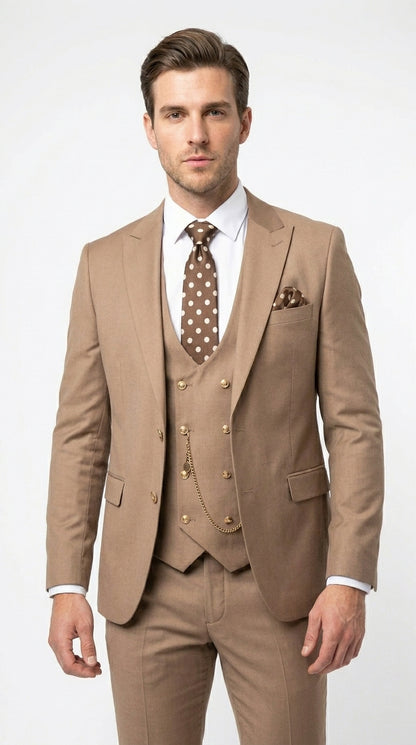 Men’s Rossiman Tan Suit with Gold Buttons, Peak Lapel Jacket and Double Breasted Vest Modern Fit