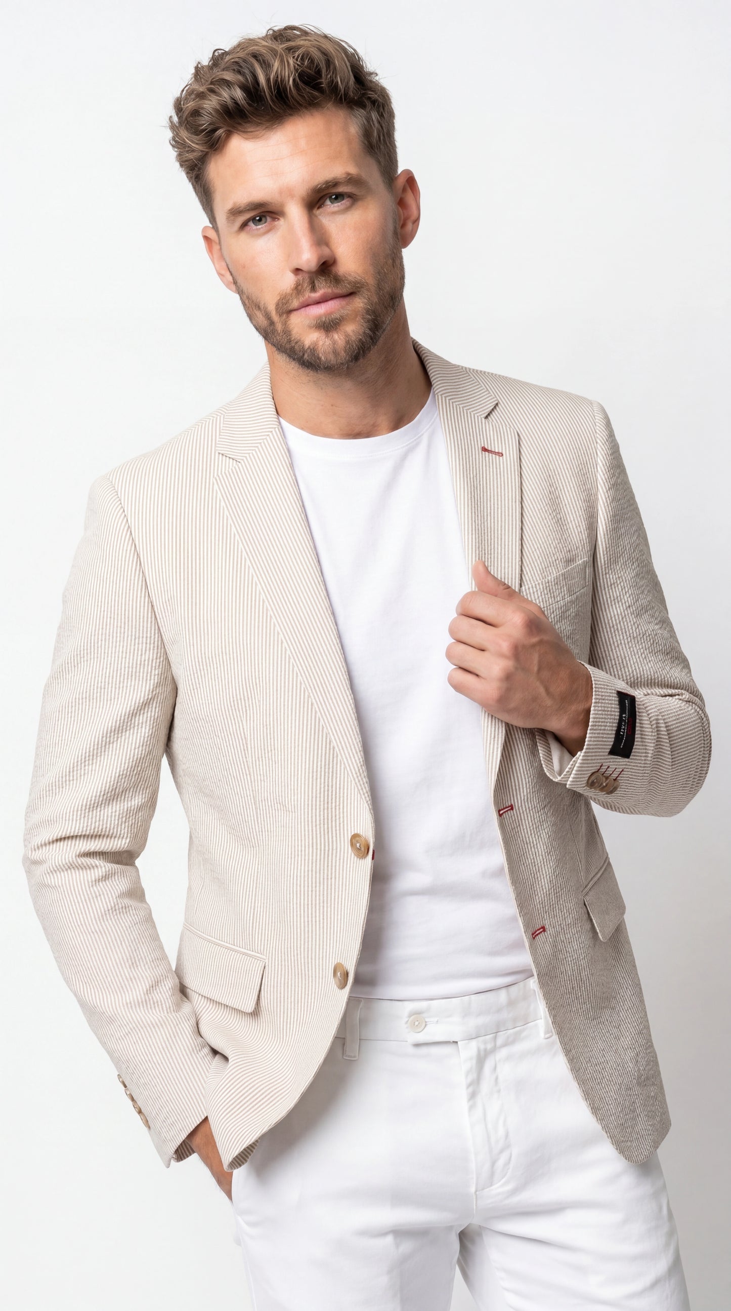 Men’s Beige Seersucker Summer Blazer, Lightweight Striped Sport Coat for Weddings, Parties, Beach Events in Tan Color