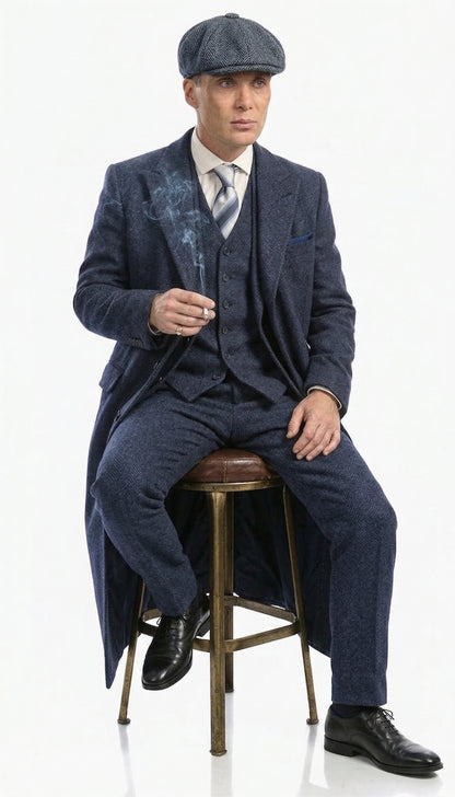 Men’s Navy Blue Herringbone Tweed  1920s 3 Piece Suit with Overcoat – Vintage Peaky Blinder Style Formal Suit Set with Blazer, Waistcoat + Overcoat + Hat