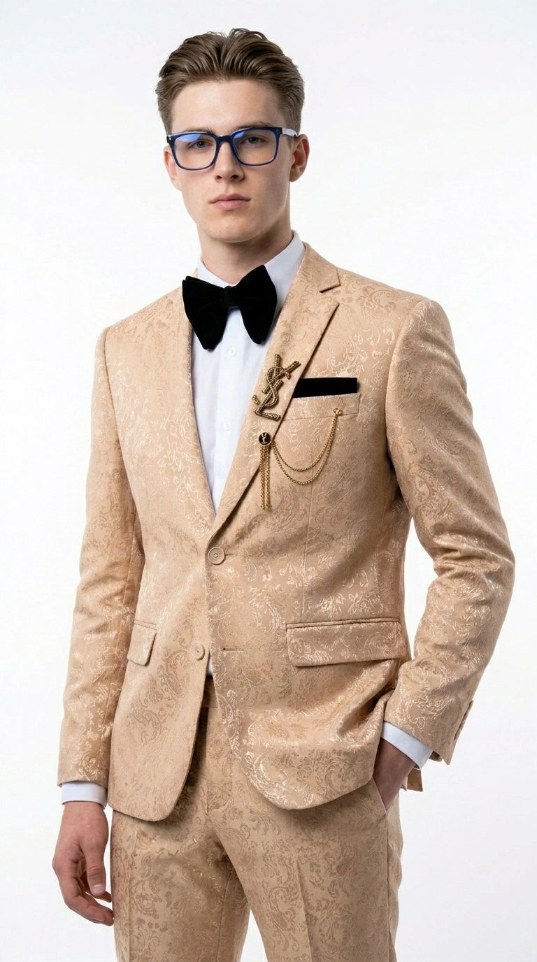 Men’s Champagne Gold Paisley Prom Tuxedo, Formal Dinner Suit for Prom, Weddings, Parties in Tan Color