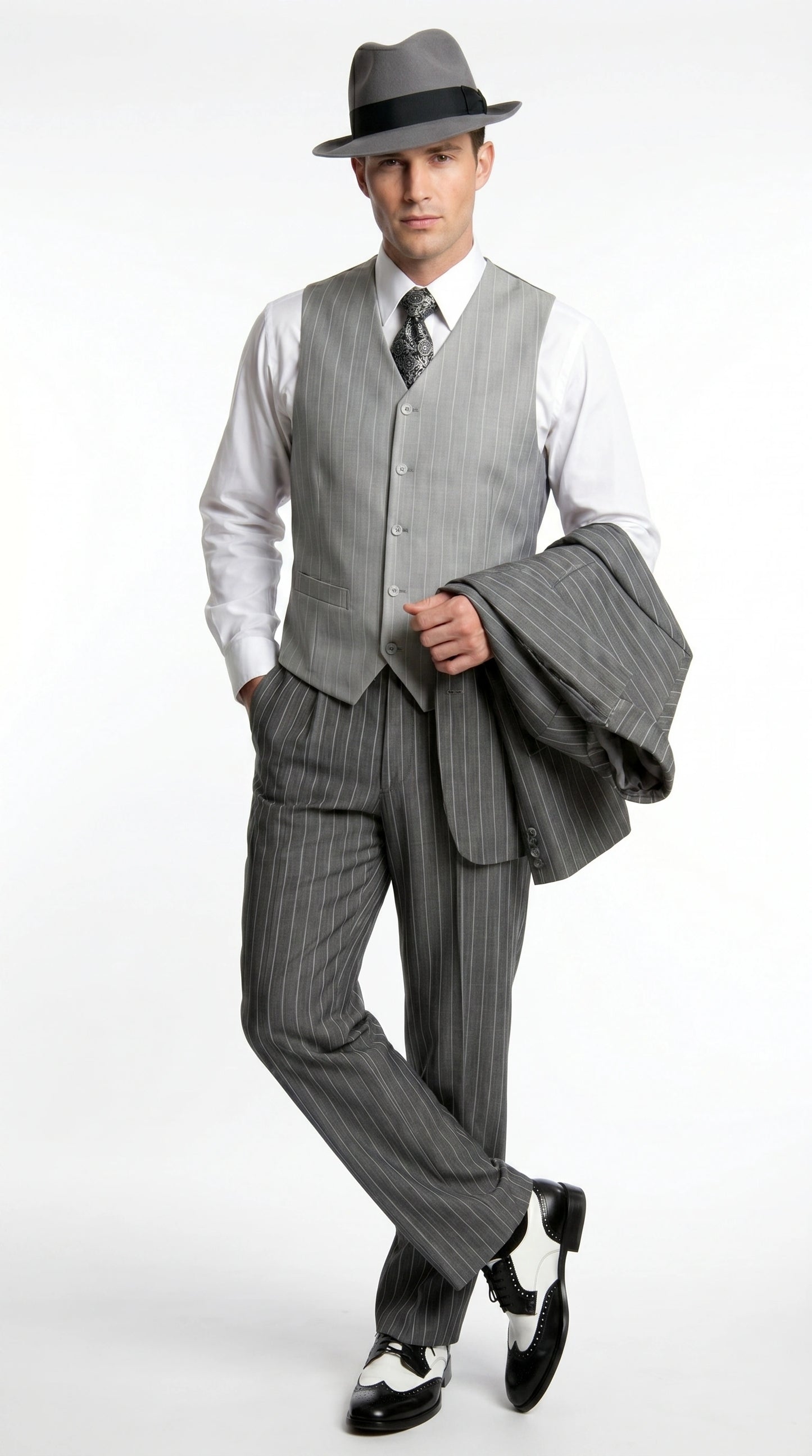 Men’s Grey Pinstripe 1920s Gangster 3 Piece Suit, Contrast Lapel Vintage Formal Suit for Parties, Prom, Weddings, and Theme Events Modern Fit