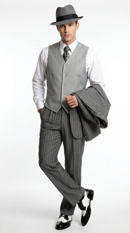 Men’s Grey Pinstripe 1920s Gangster 3 Piece Suit, Contrast Lapel Vintage Formal Suit for Parties, Prom, Weddings, and Theme Events Modern Fit