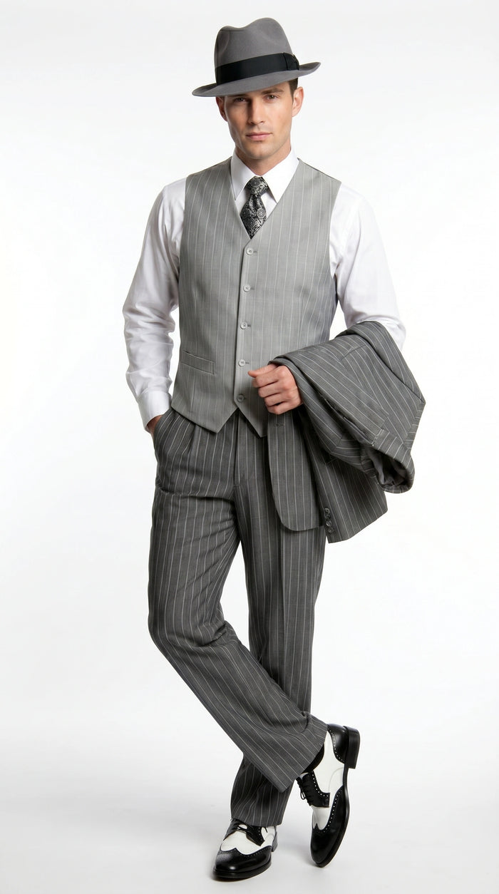 Men’s Grey Pinstripe 1920s Gangster 3 Piece Suit, Contrast Lapel Vintage Formal Suit for Parties, Prom, Weddings, and Theme Events Modern Fit