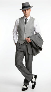 Men’s Grey Pinstripe 1920s Gangster 3 Piece Suit, Contrast Lapel Vintage Formal Suit for Parties, Prom, Weddings, and Theme Events