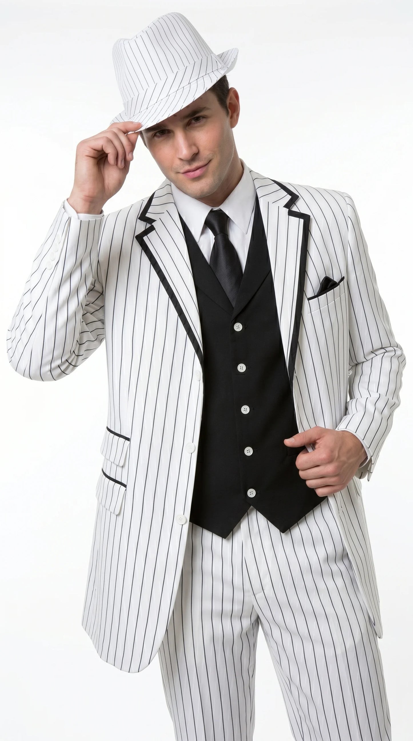 Men’s White Pinstripe 1920s Gangster 3 Piece Suit, Black Contrast Formal Costume Suit for Parties, Prom, Weddings, and Theme Events Modern Fit