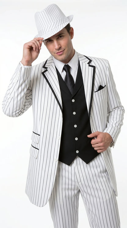 Men’s White Pinstripe 1920s Gangster 3 Piece Suit, Black Contrast Formal Costume Suit for Parties, Prom, Weddings, and Theme Events Modern Fit
