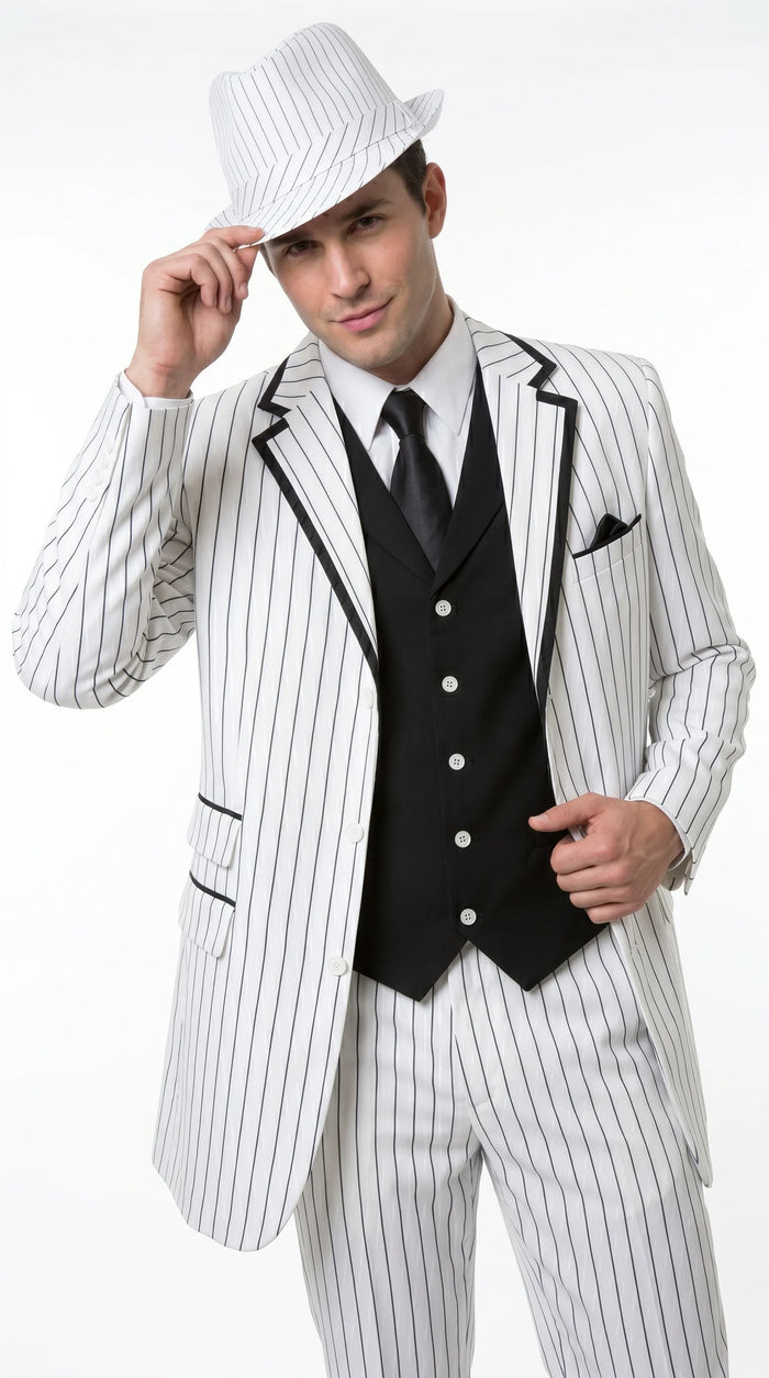 Men’s White Pinstripe 1920s Gangster 3 Piece Suit, Black Contrast Formal Costume Suit for Parties, Prom, Weddings, and Theme Events Modern Fit