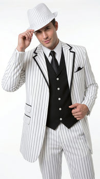 Men’s White Pinstripe 1920s Gangster 3 Piece Suit, Black Contrast Formal Costume Suit for Parties, Prom, Weddings, and Theme Events