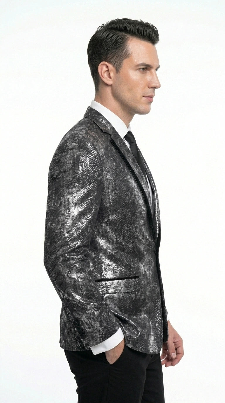 Men’s Black and Charcoal Gray Snakeskin Print Blazer, Animial Exotic Skin Alligator Crocodile Texture