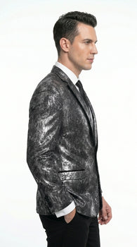 Men’s Black and Charcoal Gray Snakeskin Print Blazer, Animial Exotic Skin Alligator Crocodile Texture