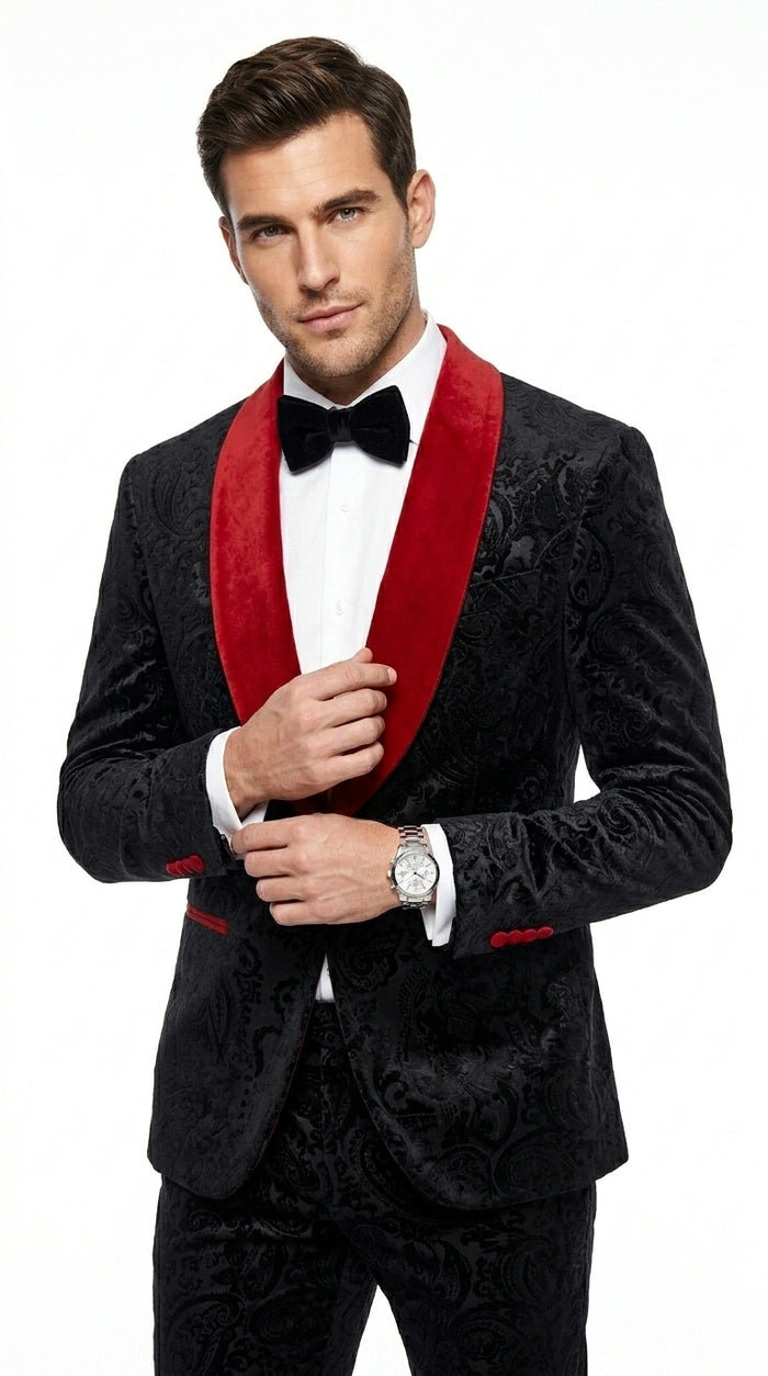 Men’s Black Paisley 2 Piece Suit with Red Shawl Lapel, Formal Wedding Prom Party Suit Set Modern Fit