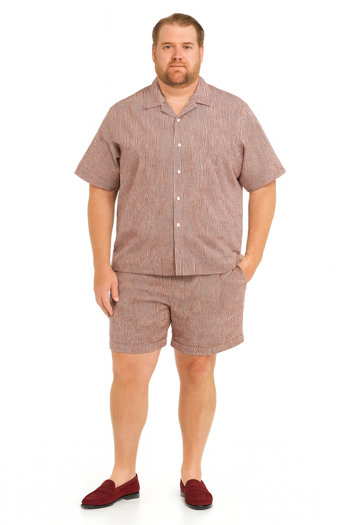 Men’s Burgundy Reddish Seersucker Short Set Walking Suit – Two-Piece Cuffed Shorts with Expandable Waist