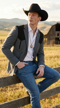 Men’s Dark Charcoal Western Blazer with Black Suede Yokes, Cowboy Sport Coat for Ranch Wedding and Country Events By Platini