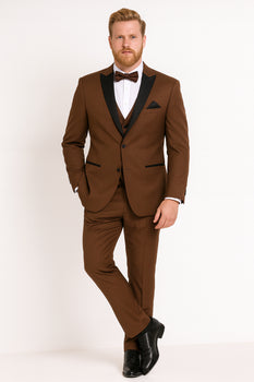 Men’s Light Brown Tuxedo Suit with Black Satin Lapel – 3 Piece Formal Wedding & Prom Outfit - Country Look