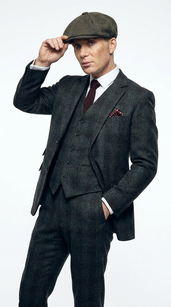Men's Thomas Shelby Dark Grey Plaid 3-Piece Suit – Peaky Blinders 1920s Vintage Tweed-Style Wedding Suit with Matching Vest & Pants