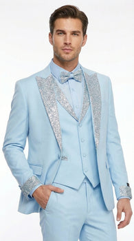 Men’s Light Blue Suit with Silver Glitter Lapel – Light Blue Formal Tuxedo Suit for Prom, Wedding and Special Occasion Wear in Sky Baby Blue