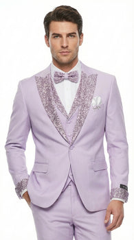 Men’s Lilac Suit with Silver Glitter Sequin Lapel – Lilac and Silver Formal Tuxedo Suit for Prom, Wedding  Lavender Tuxedo