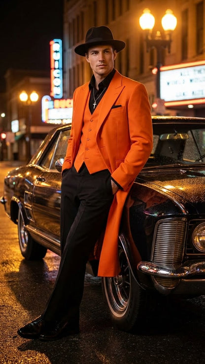 Men’s halloween Costume Orange Long Zoot Suit Set With Black Shirt and Black Pants included