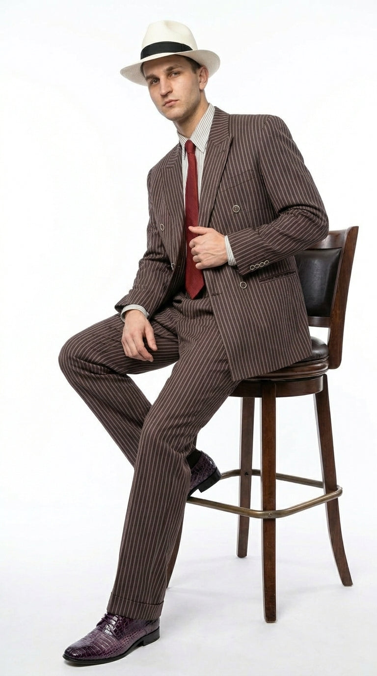 Men’s Brown Pinstripe Bonnie and Clyde Costume Suit – Vintage Gangster 1920s Outfit for Party, Halloween and Themed Events Modern Fit
