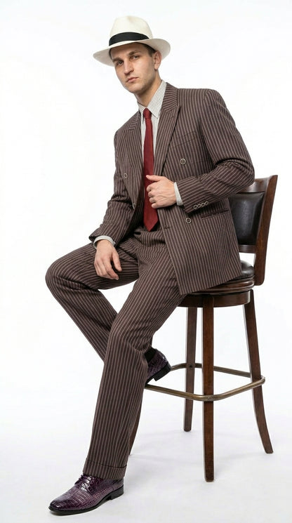 Men’s Brown Pinstripe Bonnie and Clyde Costume Suit – Vintage Gangster 1920s Outfit for Party, Halloween and Themed Events Modern Fit